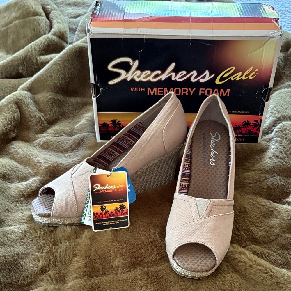 Skechers Cali Women's Pink Peep-Toe Wedge Espadrille with Memory Foam
